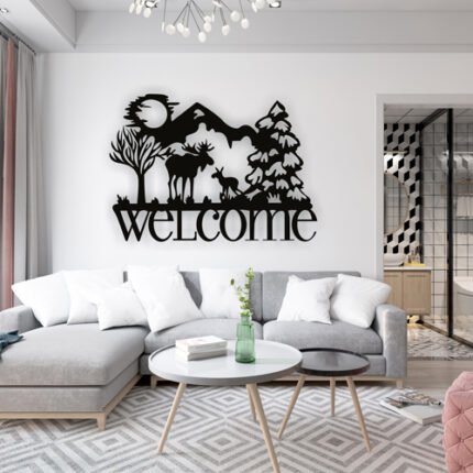 Deers with welcome metal wall decor 01