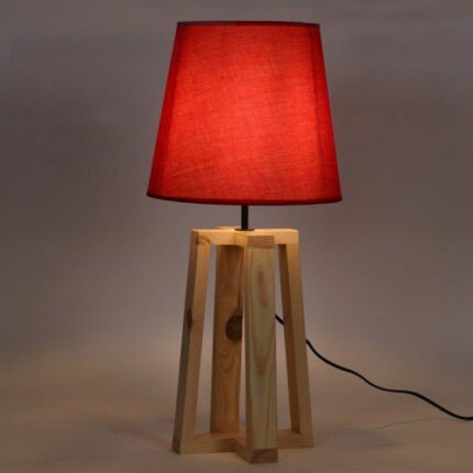 Red Fabric Shade Wooden Table Lamp 02