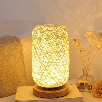 White Woolen and Wooden LED Night Table Lamp 01