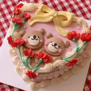 Teddy Bear and Carnation Heart Cake